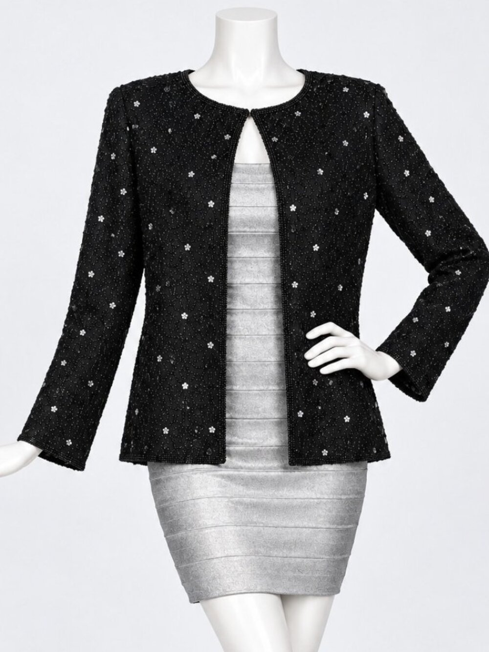 Vintage Silk Beaded Black Evening Jacket Heavily Beaded Sequin Formal Size Large
